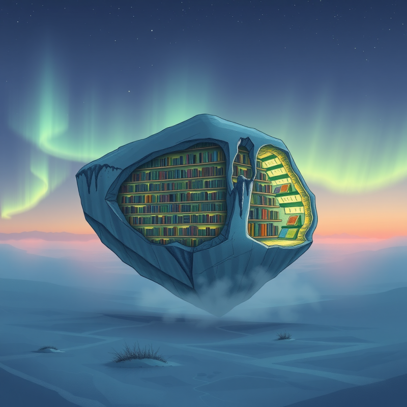 Floating Library in Aurora Sky