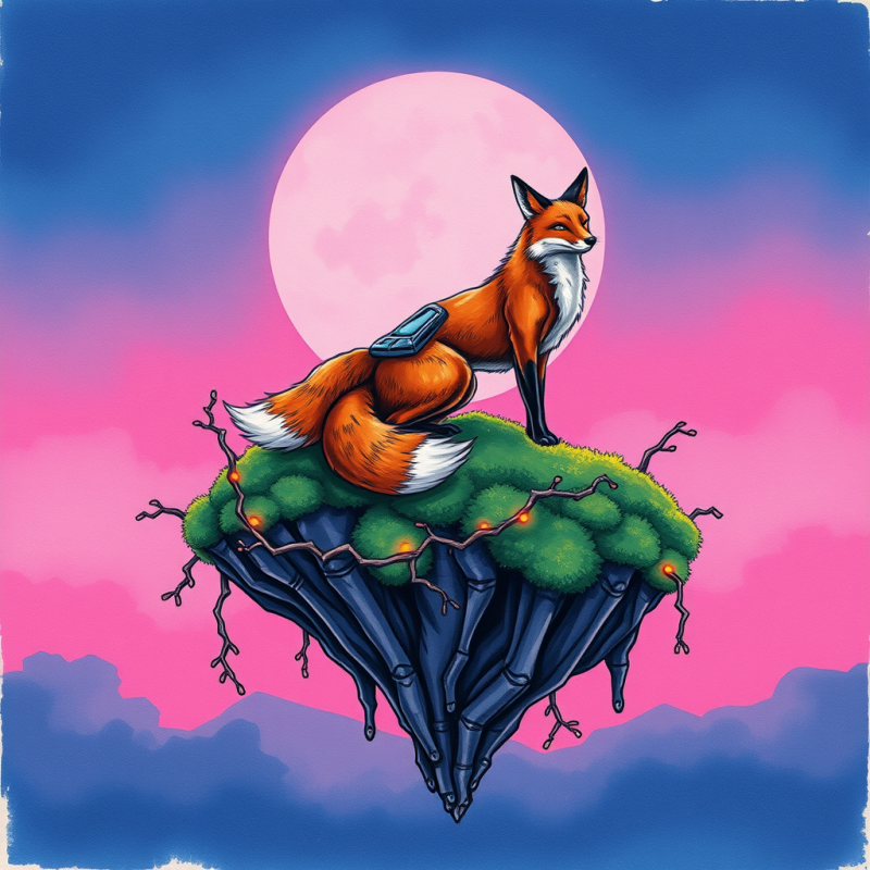 Fox with Smartphone on Floating Island