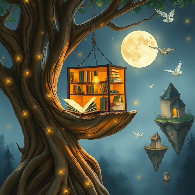 Bookshelf Hanging from Ancient Tree