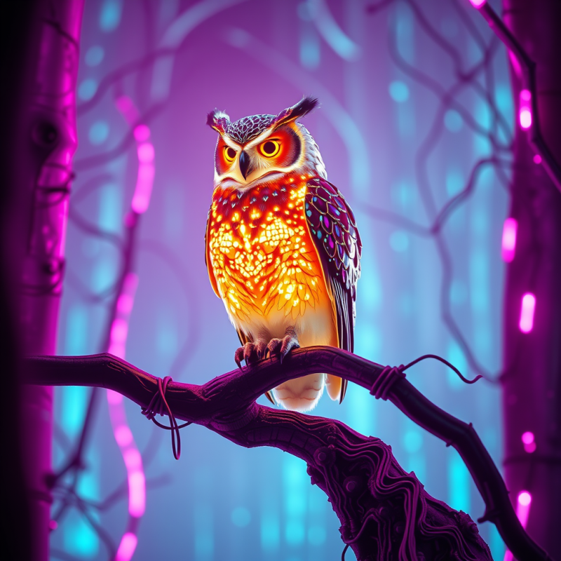 Mystical Owl in Neon Forest