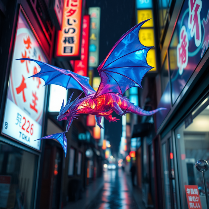 Glowing Dragon Flying Through Neon Alley
