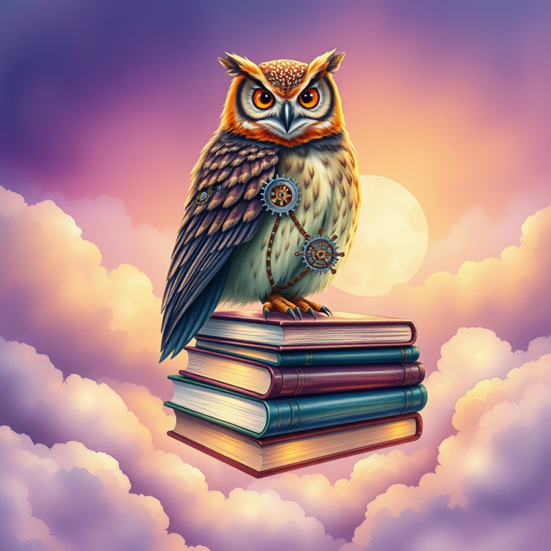 Steampunk Owl Perched on Floating Books