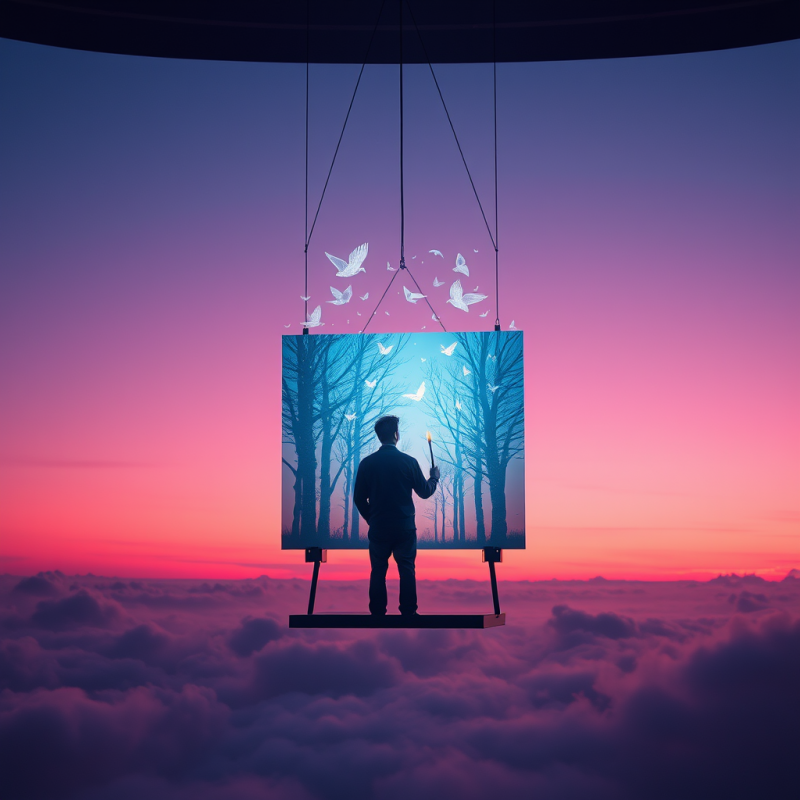 Artist Painting Surreal Forest Scene