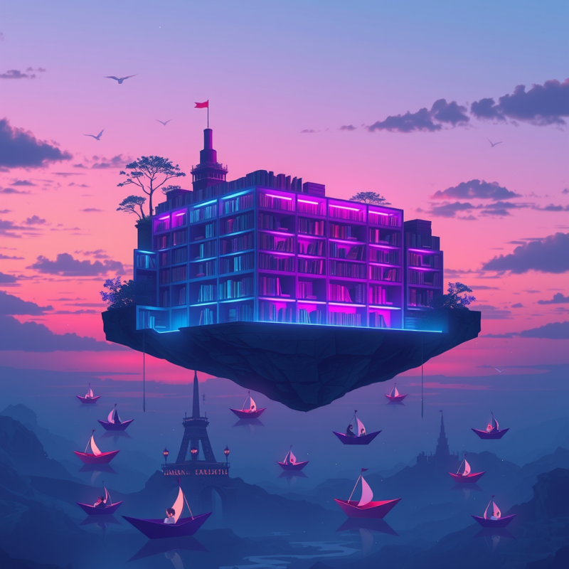 Floating Library with Glowing Books
