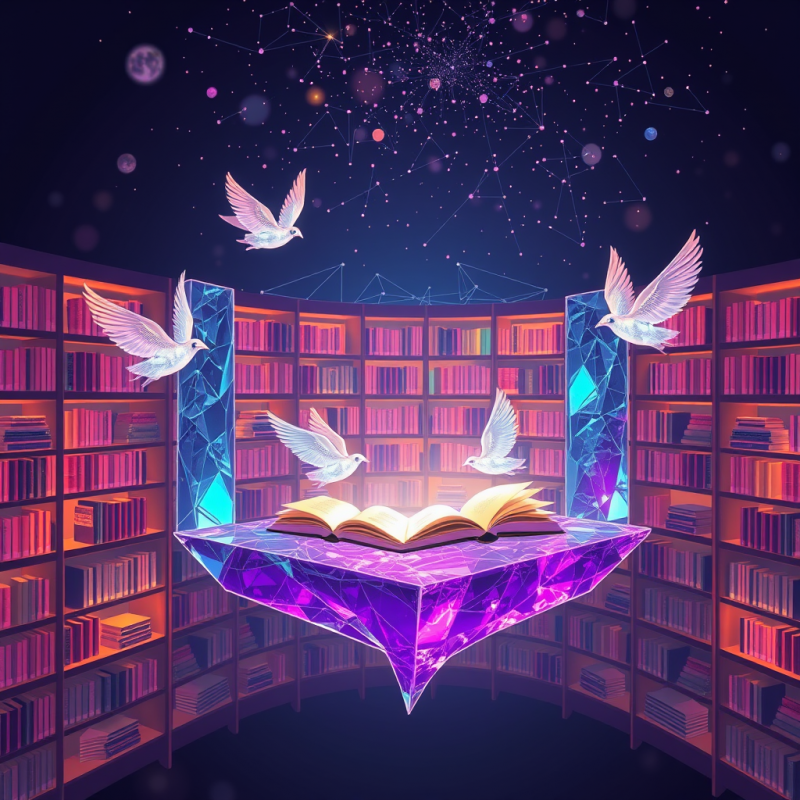 Floating Book with Doves in Library