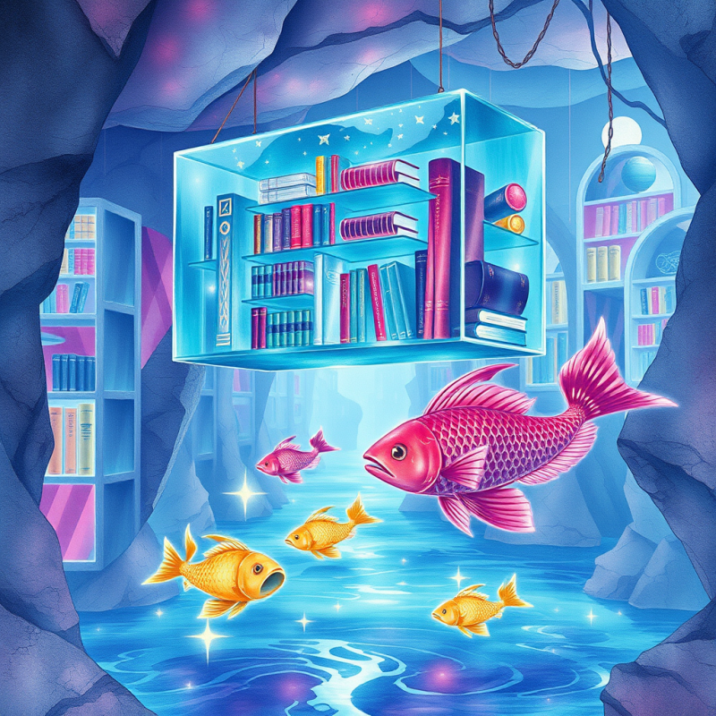Floating Bookshelf with Swimming Fish