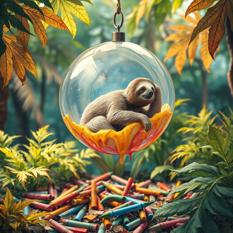 Sloth in Glass Orb with Melting Crayons