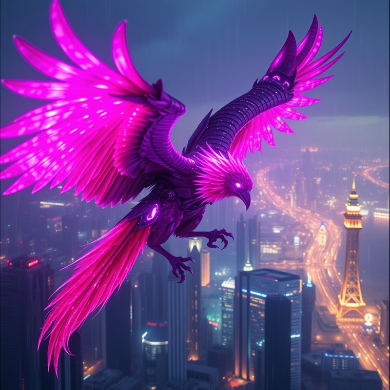 Cybernetic Phoenix Over Cityscape