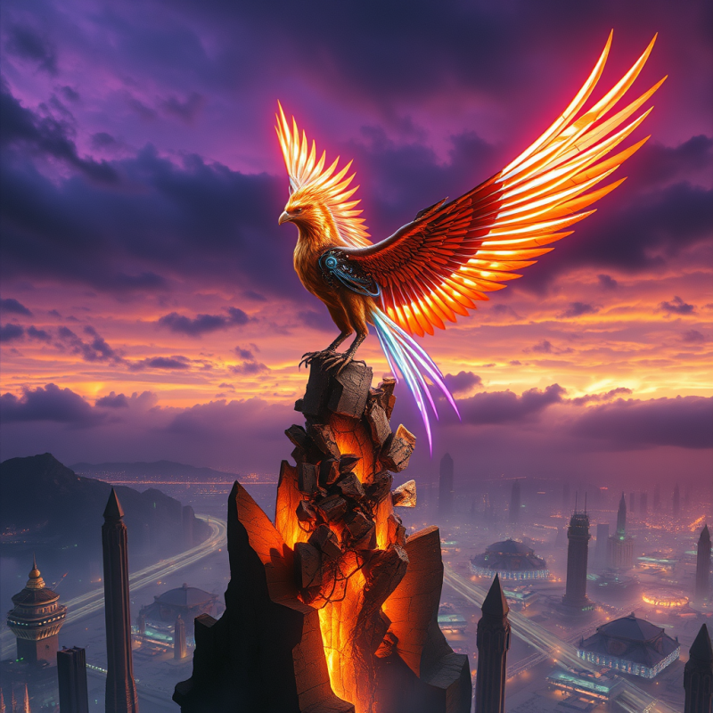Cybernetic Phoenix Soaring Over City
