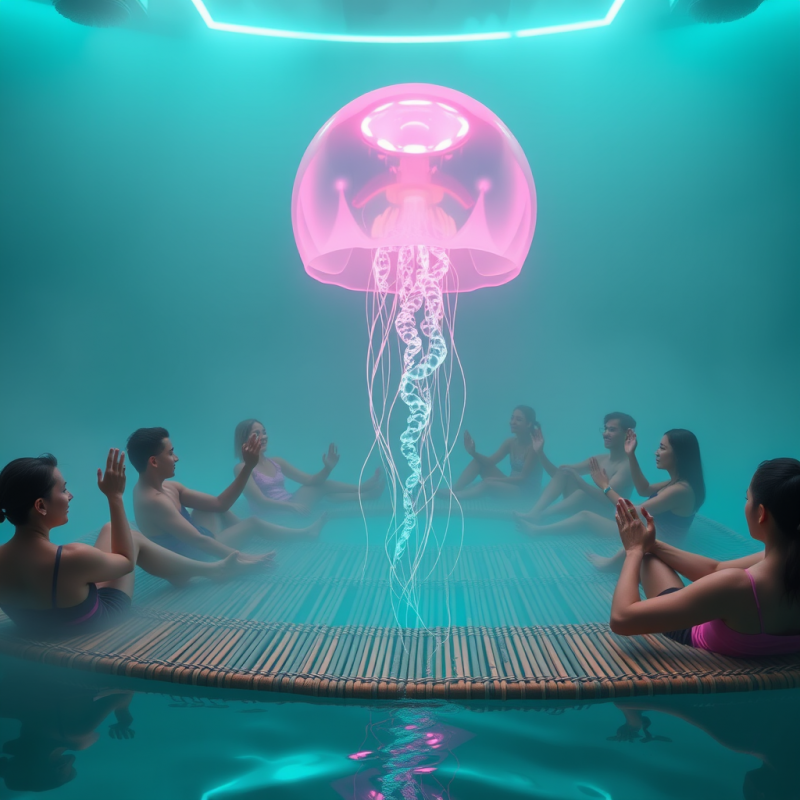 Group Meditating Under Neon Jellyfish