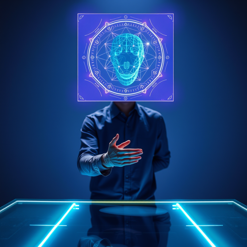 Man Interacting with Holographic Face