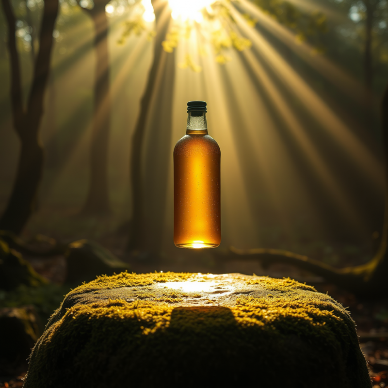 Floating Bottle in Sunlit Forest