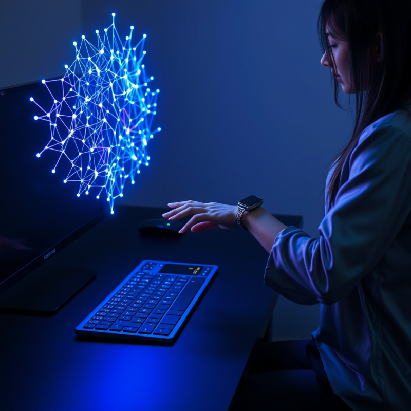 Woman Interacting with Holographic Network