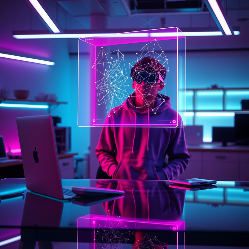 Person in Hoodie with Holographic Interface