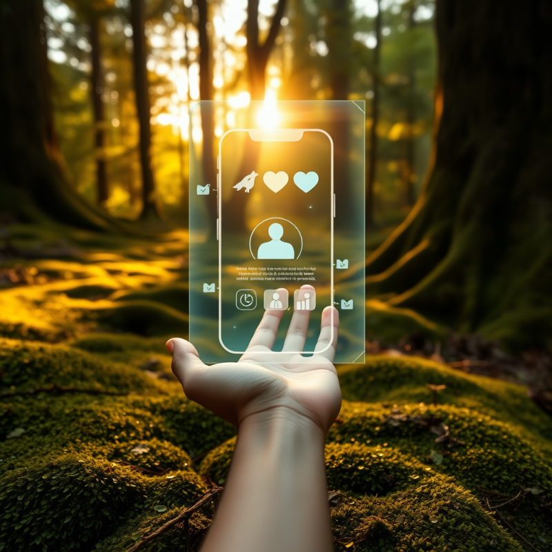 Hand Holding Transparent Smartphone in Forest