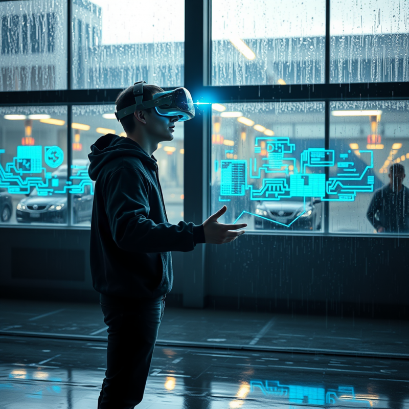 Man Using Vr Headset in Rainy Window