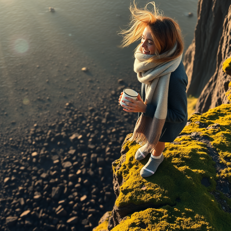 Woman with Coffee on Cliffside