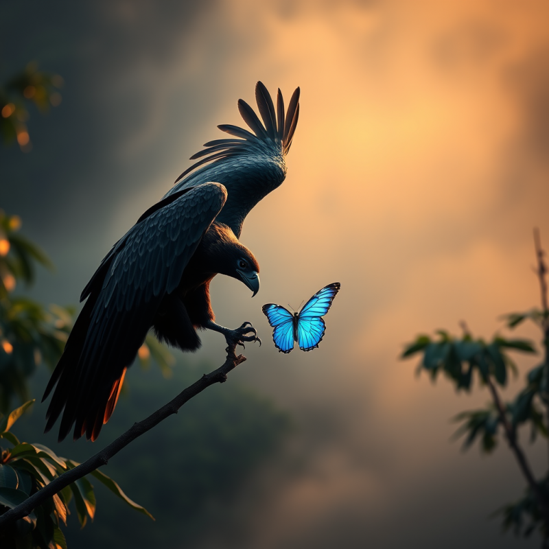 Eagle and Blue Butterfly at Sunset