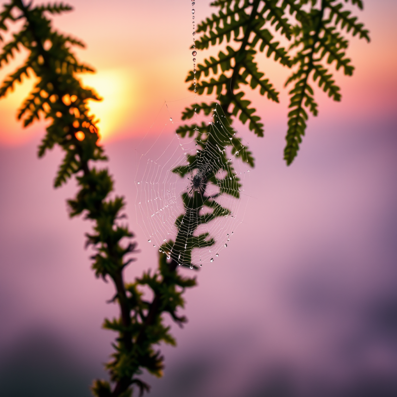 Spider Web with Dew Drops at Sunset