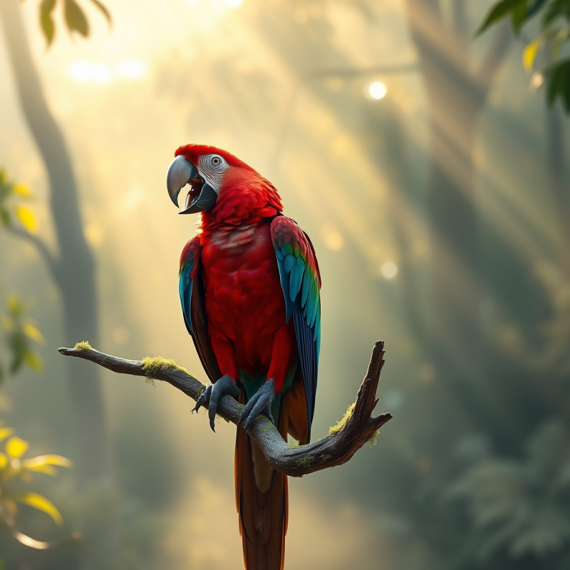 Red Macaw Perched on Mossy Branch