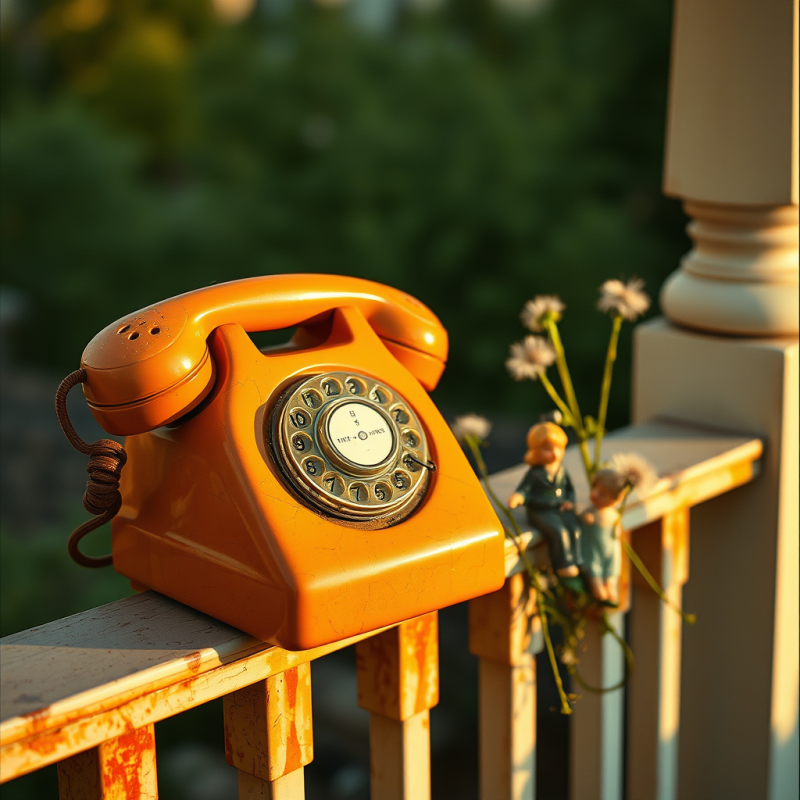Orange Rotary Phone on Wooden Fence