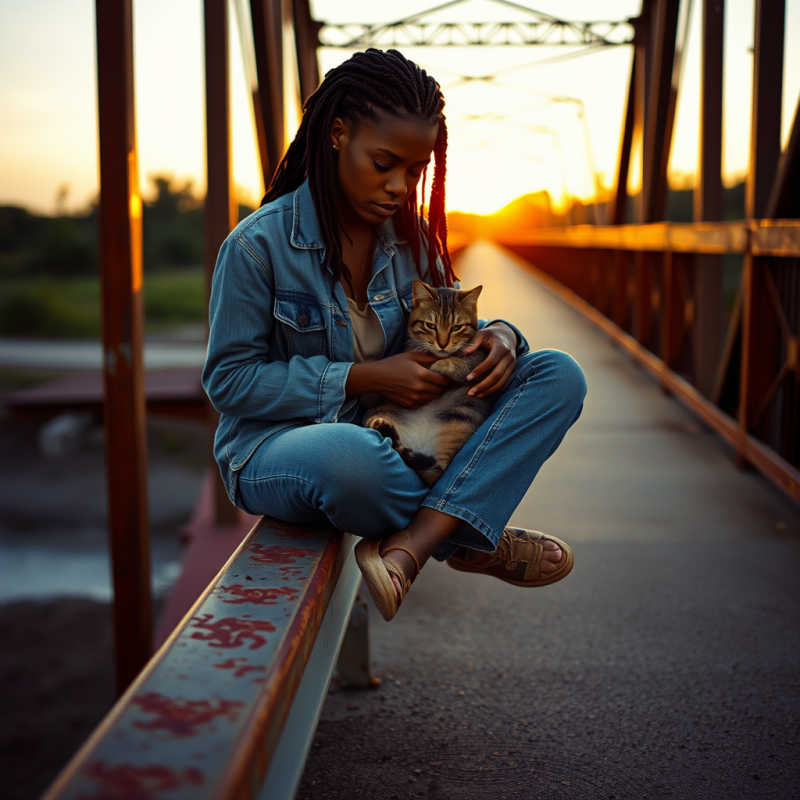 Woman with Cat on Bridge
