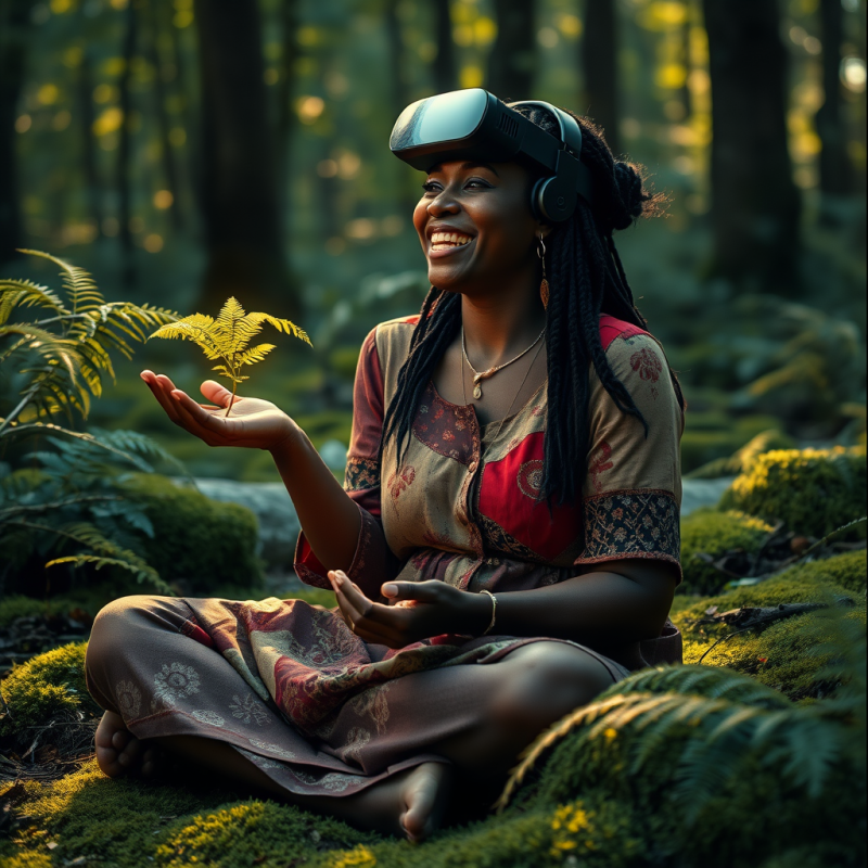 Woman with Vr Headset in Forest