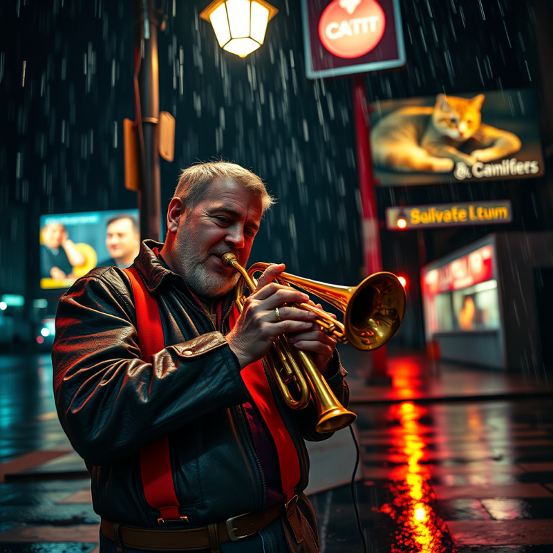 Man Playing Trumpet in Rainy Street
