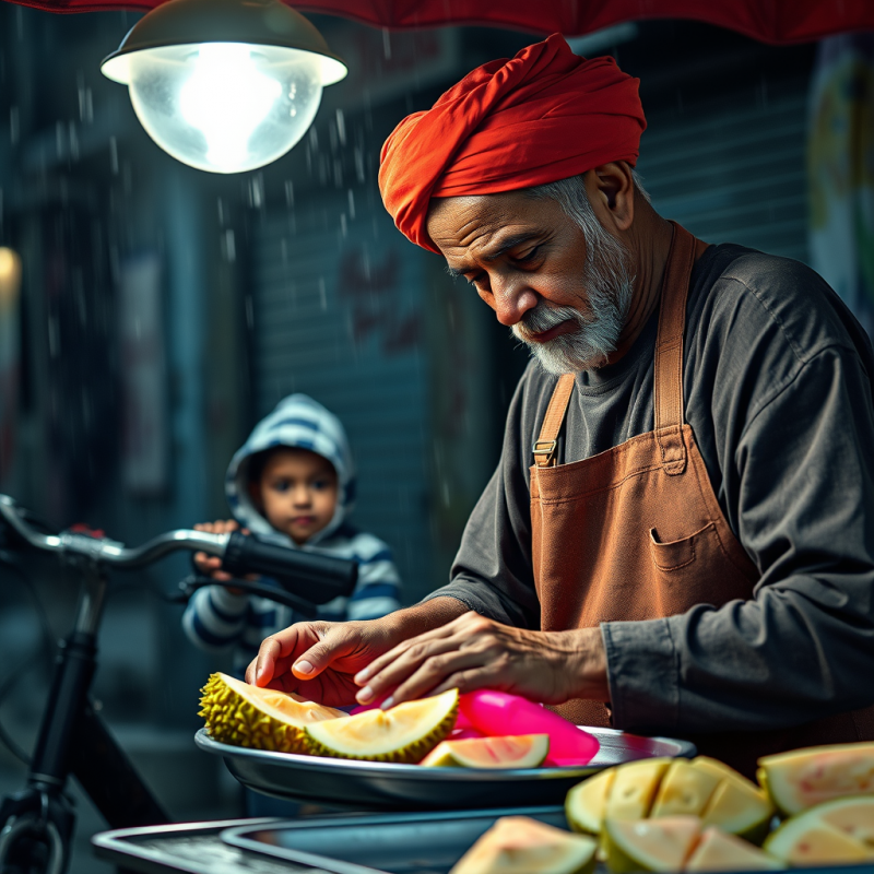 Man Slicing Durian Under Streetlight