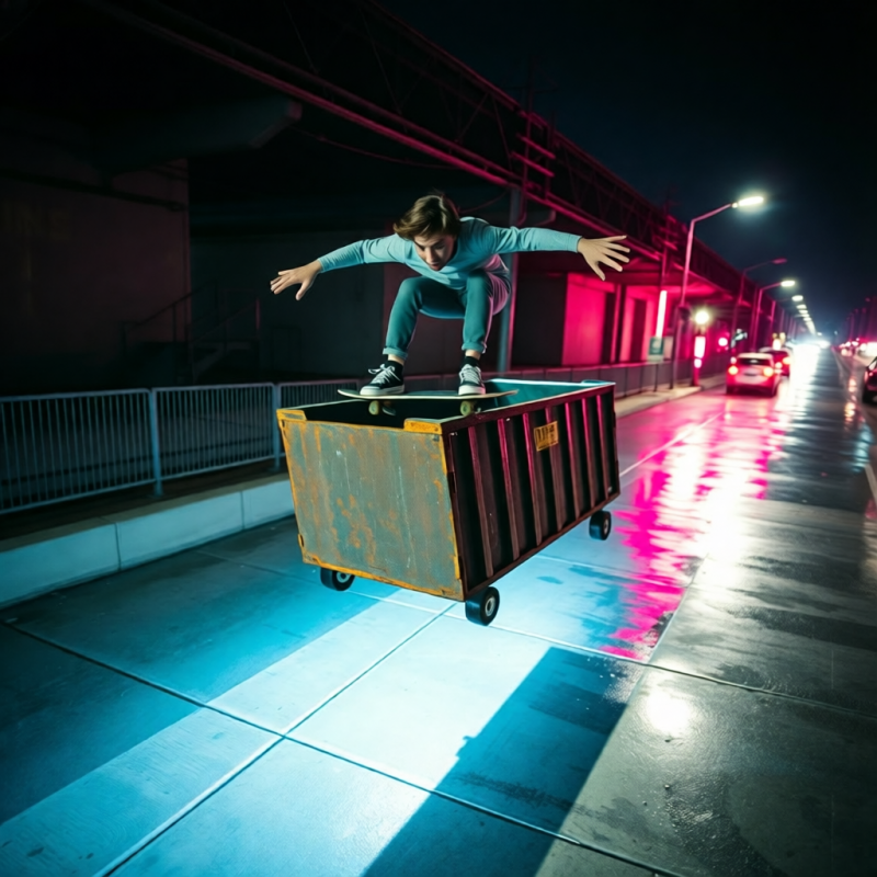 Skateboarder Performing Trick on Dumpster