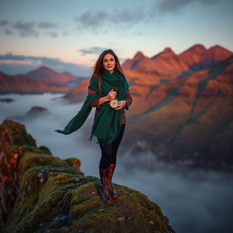 Woman with Clock in Mountain Landscape