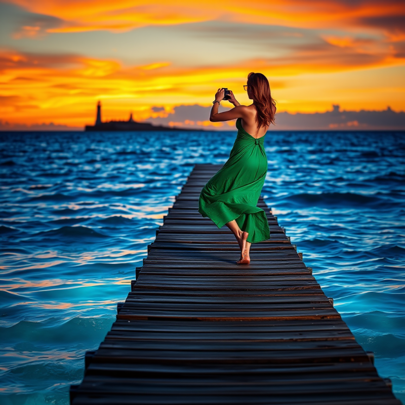 Woman in Green Dress Photographing Sunset