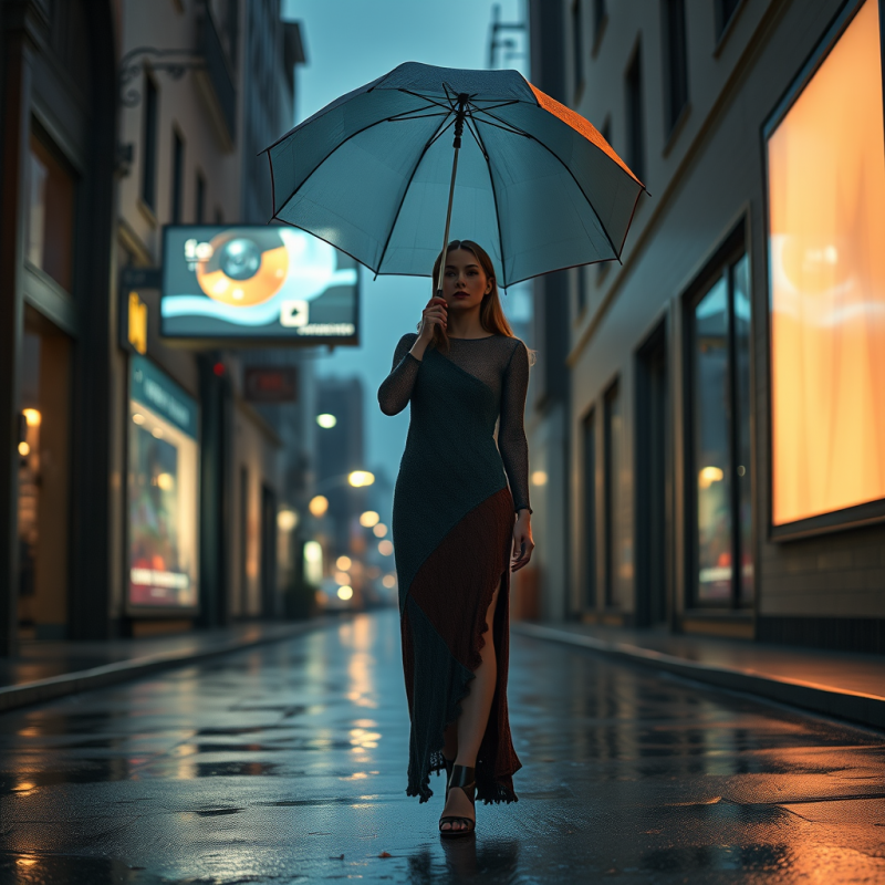 Woman with Umbrella Walking Rainy Street
