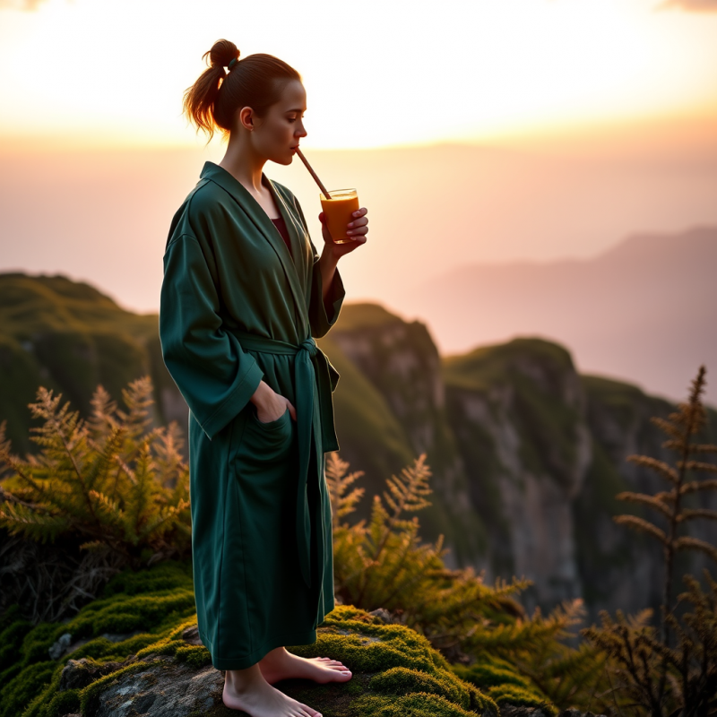 Woman in Green Robe Drinking Juice