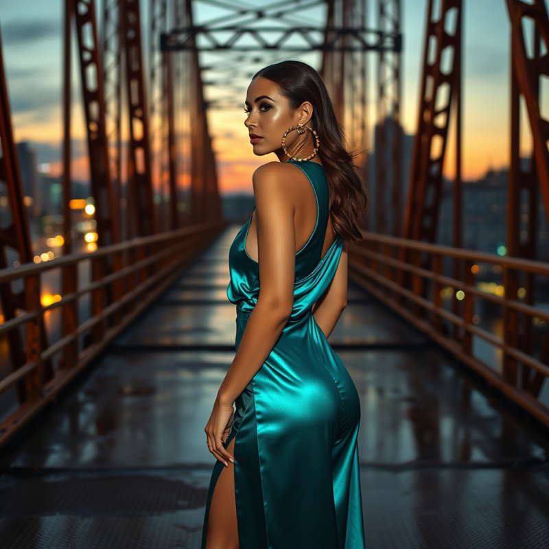 Woman in Emerald Dress on Bridge
