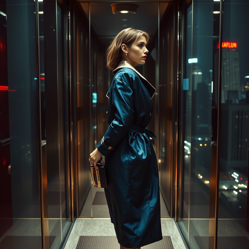 Woman in Blue Coat in Elevator