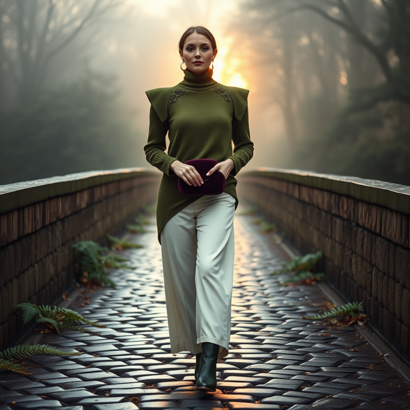 Woman in Green Sweater Walking Bridge