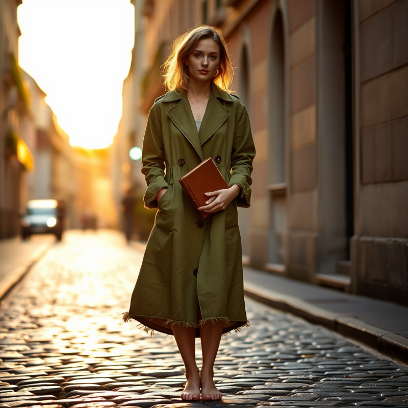 Woman in Green Coat Holding Book