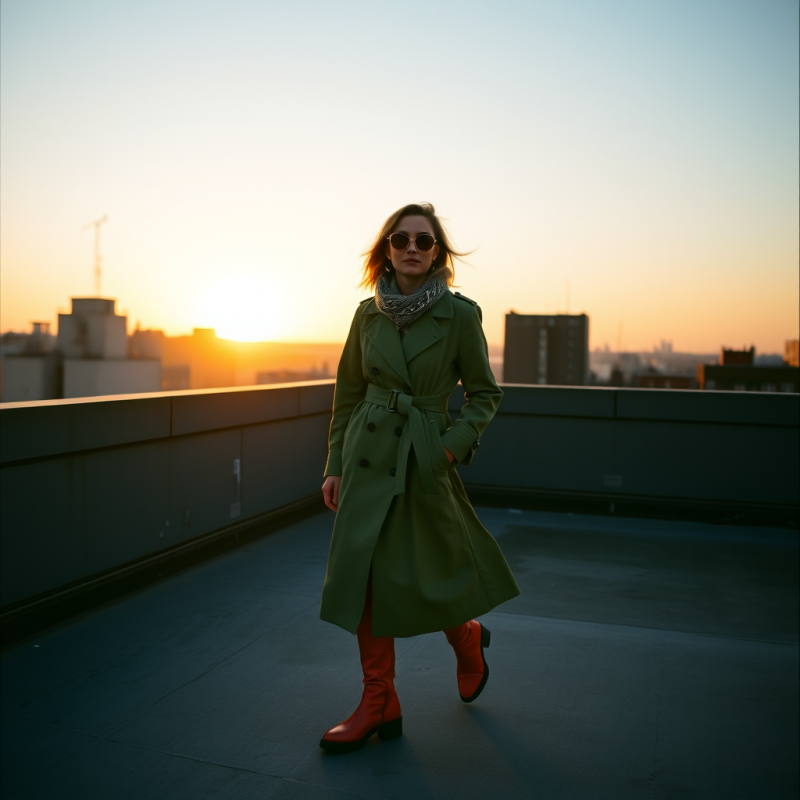 Woman in Green Coat on Rooftop