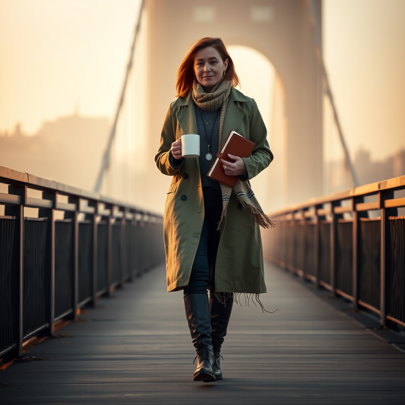 Woman on Bridge with Books and Coffee