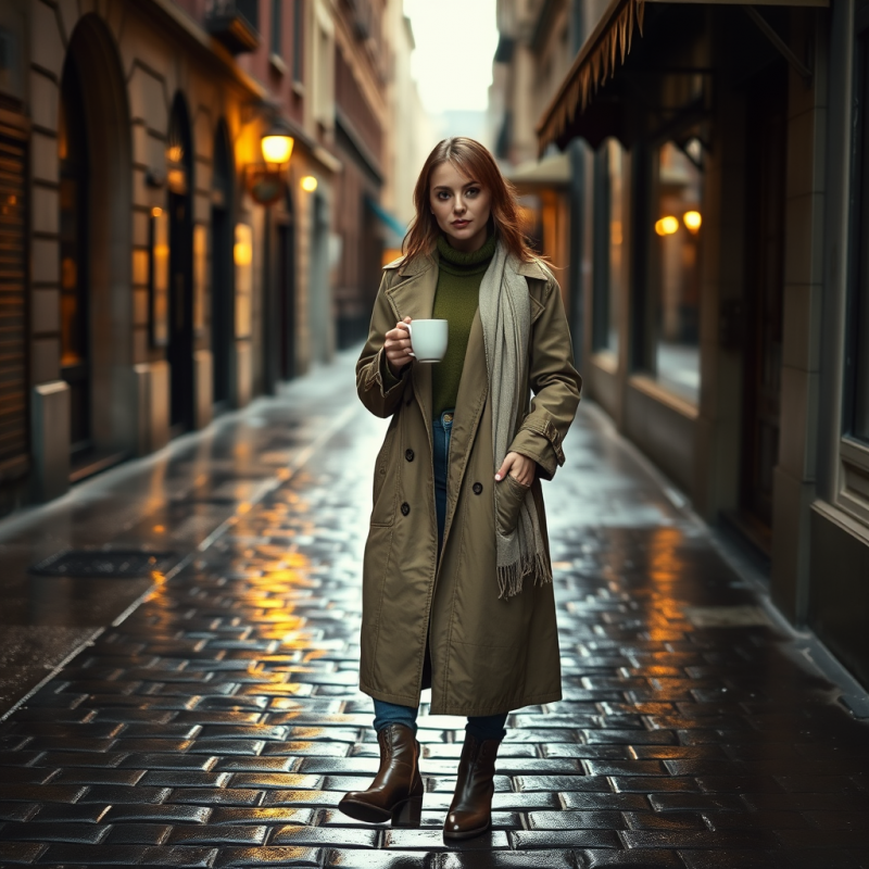 Woman in Rainy City Street