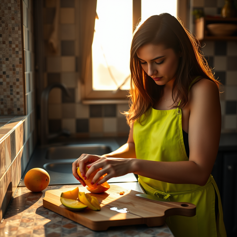 Woman Slicing Mango in Sunlit Kitchen