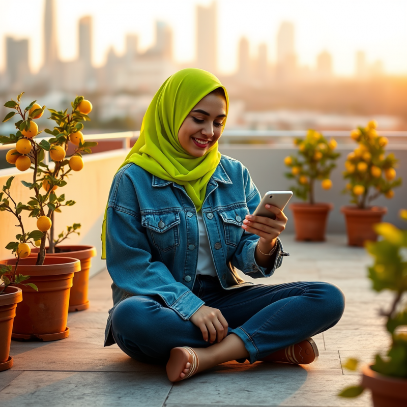 Woman in Green Hijab Using Smartphone
