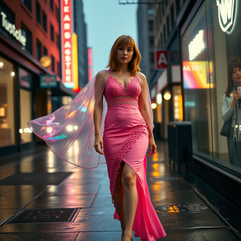 Woman in Pink Dress Walking City Street