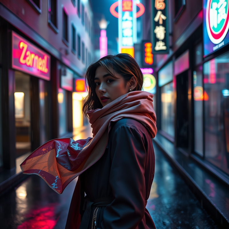 Woman in Neon Alley with Scarf