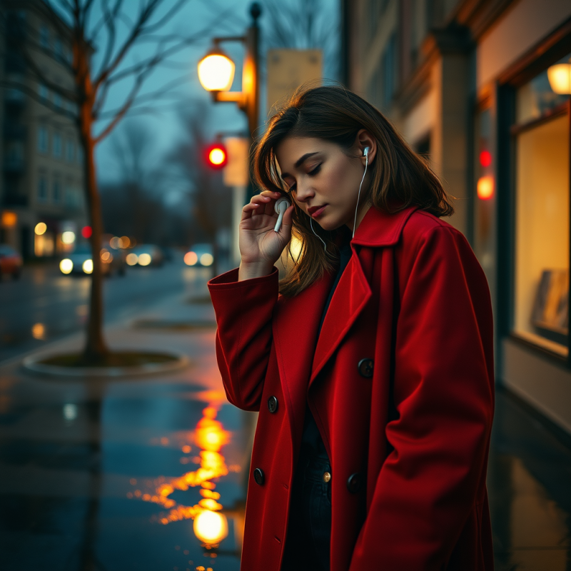 Woman in Red Coat Listening to Music