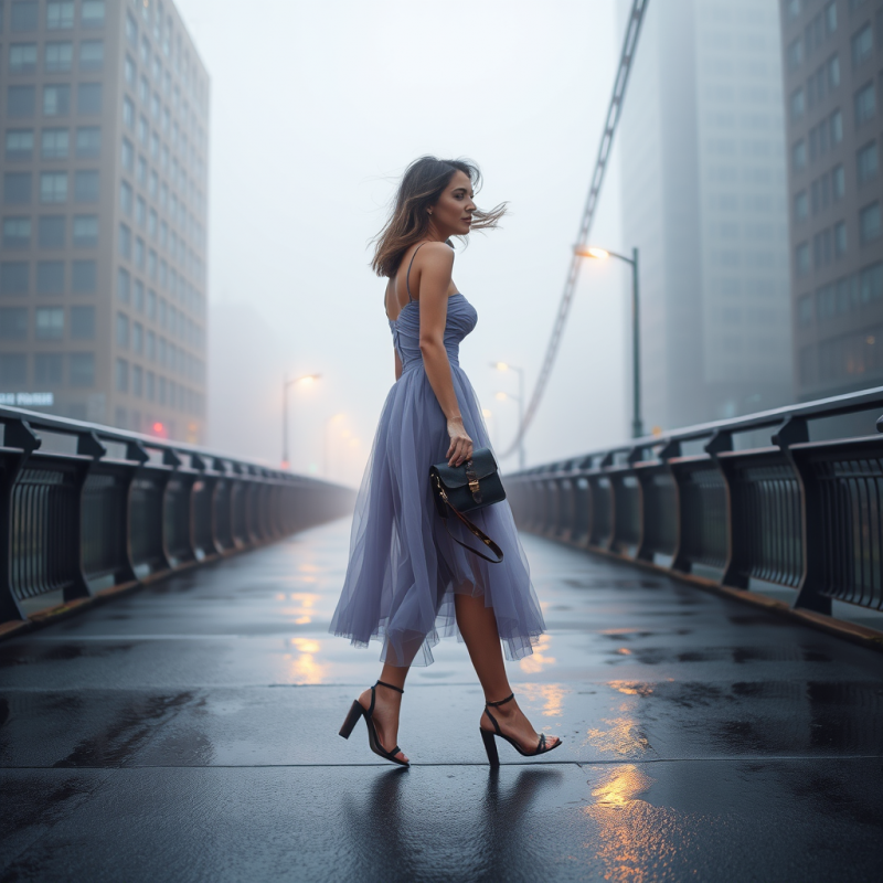 Woman in Purple Dress Walking Bridge