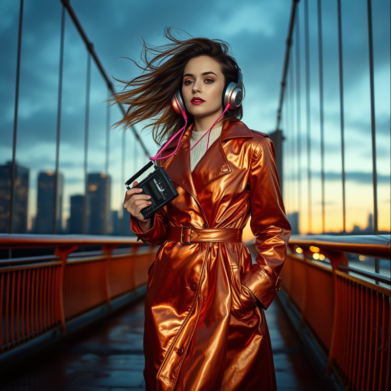 Woman in Copper Coat on Bridge