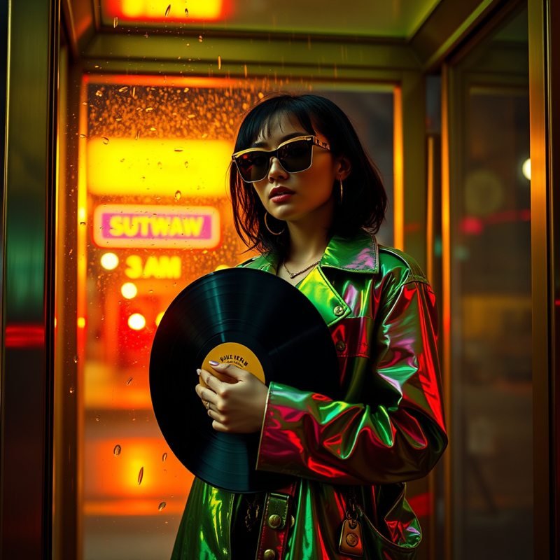Woman in Metallic Jacket Holding Vinyl