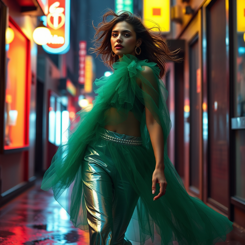 Woman in Green Dress on Neon Street